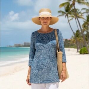 NWT Soft Surroundings Oceo‎ Gauze Tunic Small Blue White Embroidered Resort Top